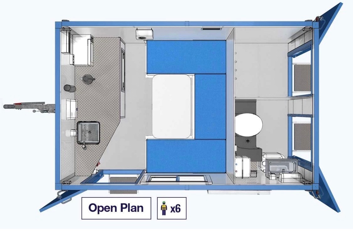 Welfare unit floor plan — open plan layout for 6 operatives
