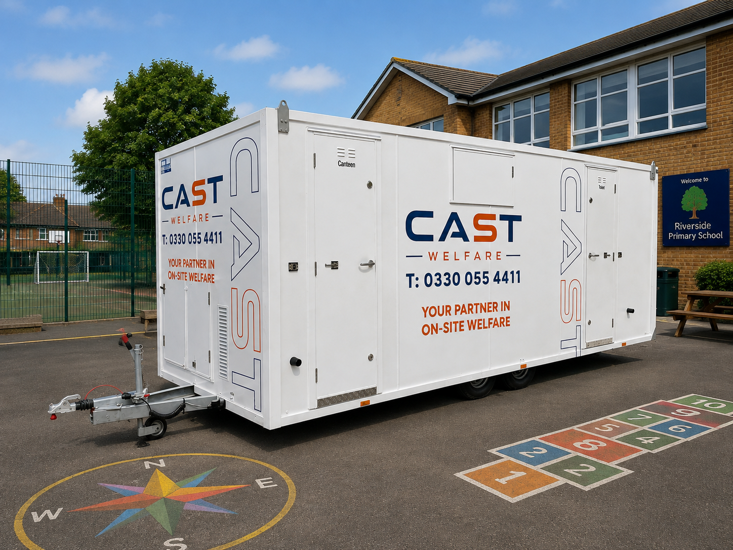 Cast Welfare larger towable unit on a school site