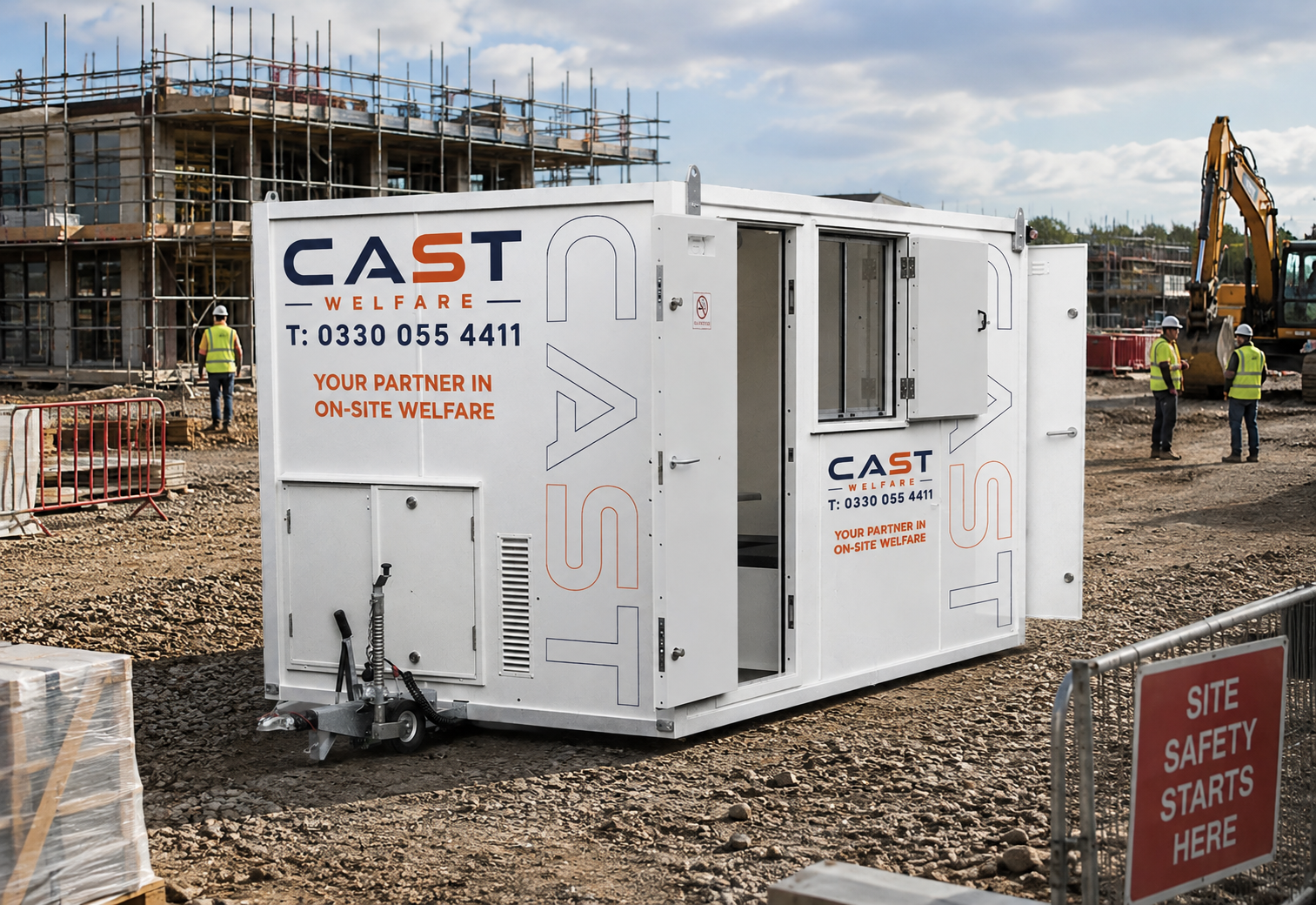 Cast Welfare towable unit on a construction site
